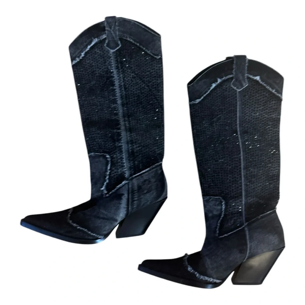 Zara Black Heeled Knee-High Western Boots - Picture 2 of 5